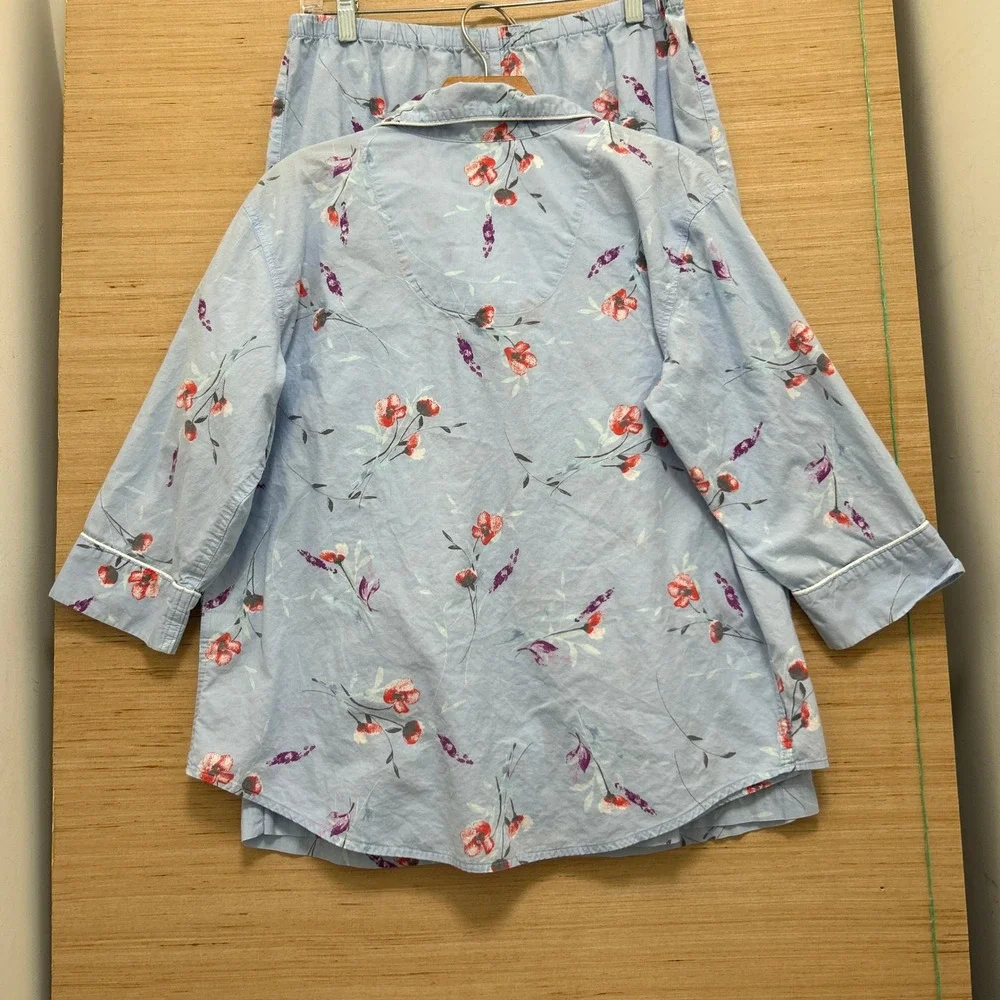 Lauren Ralph Lauren Blue Floral Pajama Set 3/4 Sleeve Button Top Crop Pants L